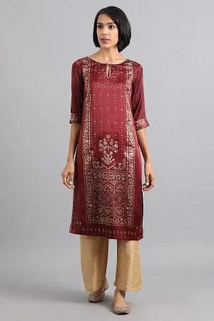 maroon round neck foil printed kurta