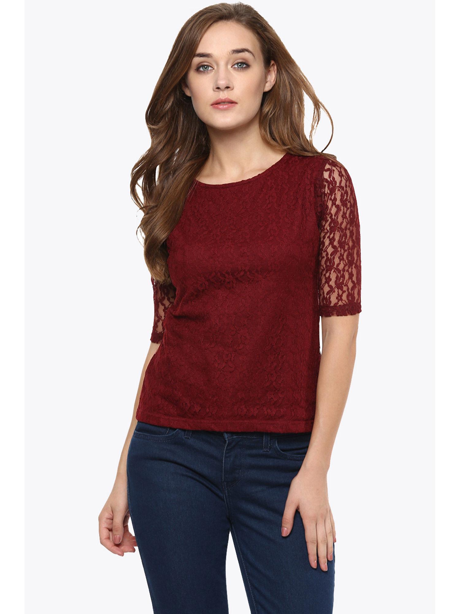 maroon round neck half sleeves basic lace crop top