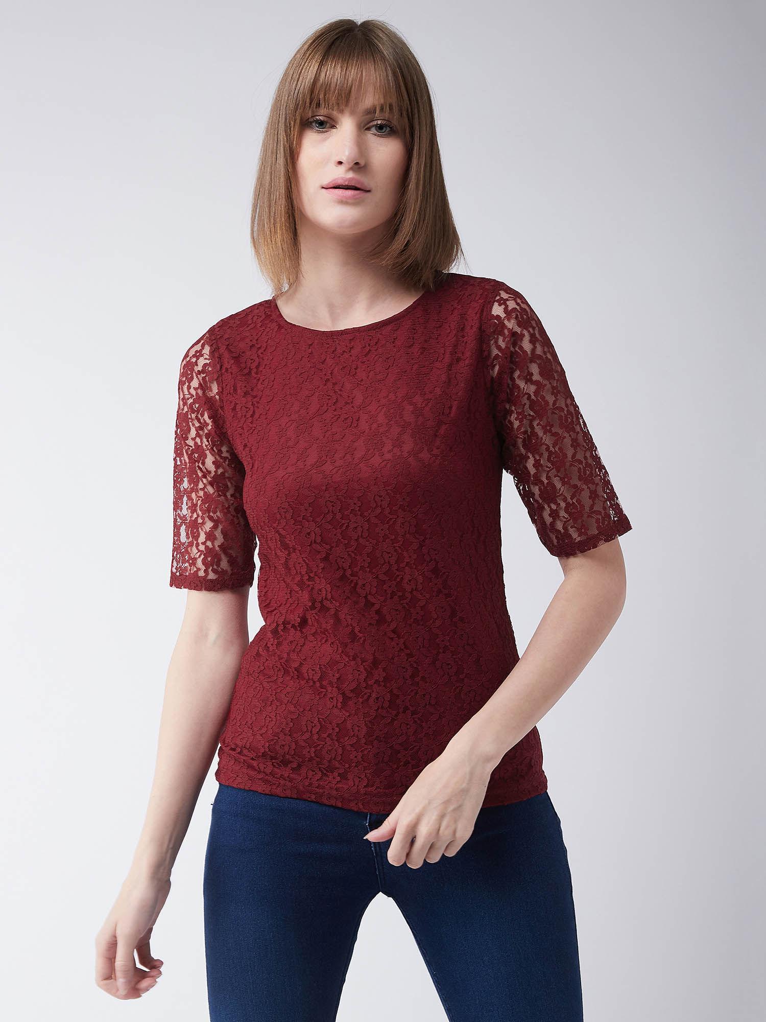 maroon round neck half sleeves basic lace top