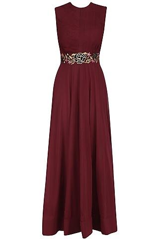 maroon ruched anarkali gown with floral embroidered belt