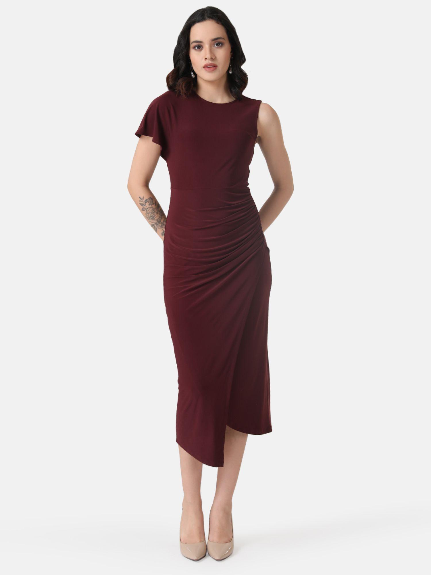 maroon ruched asymmetric midi dress