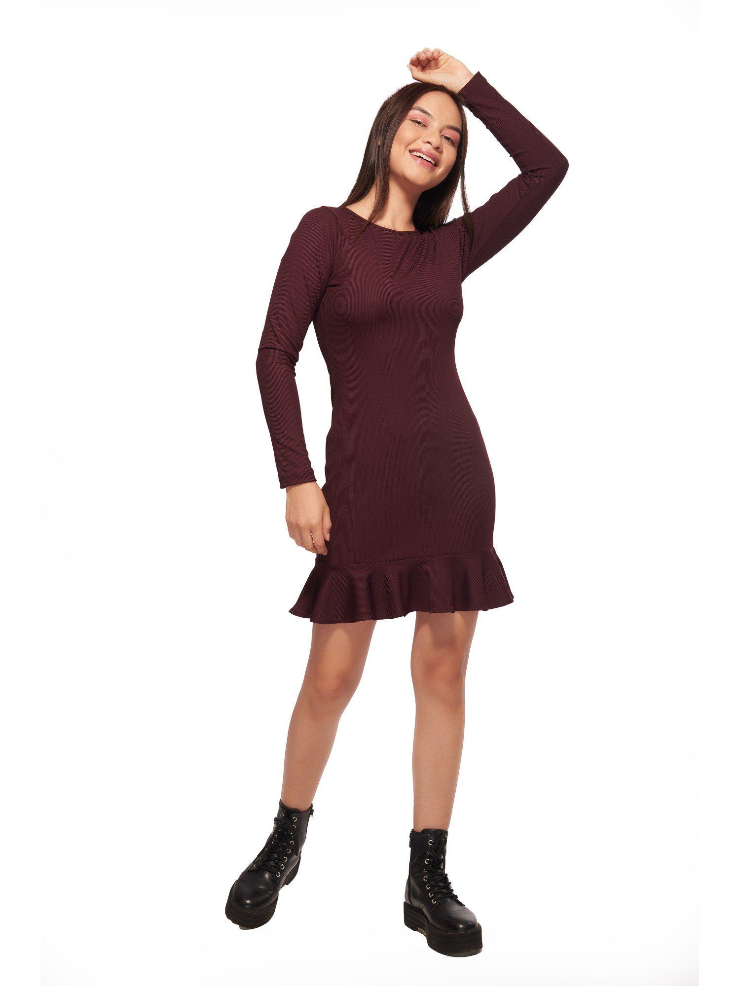 maroon ruffle bottom straight dress