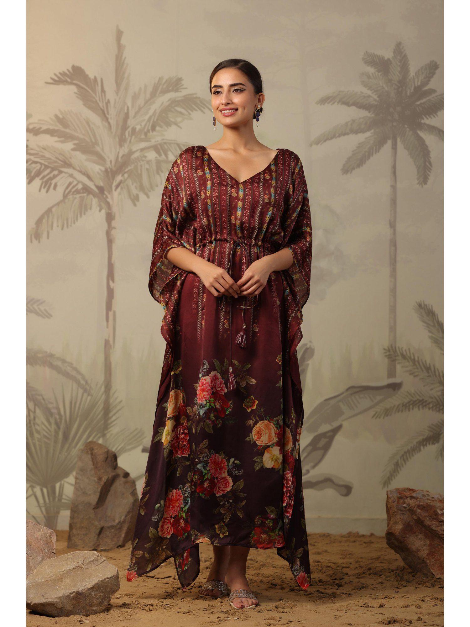 maroon satin floral print asymmetric kaftan dress with cotton slip (set of 2)