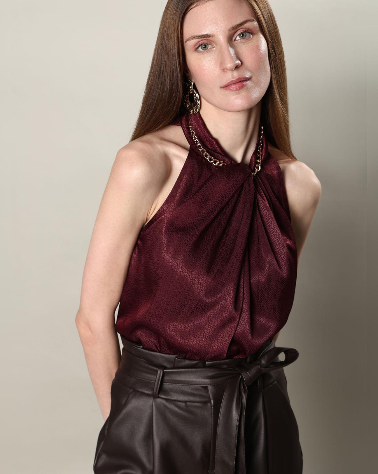 maroon satin halter neck top