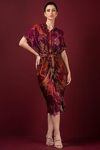 maroon satin printed draped dress