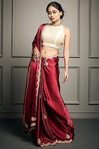 maroon satin saree set