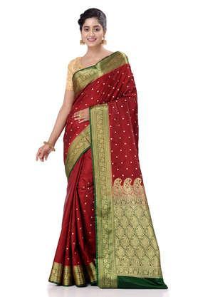 maroon satin silk solid banarasi saree with beautiful embroidery and stone work in body and border - maroon