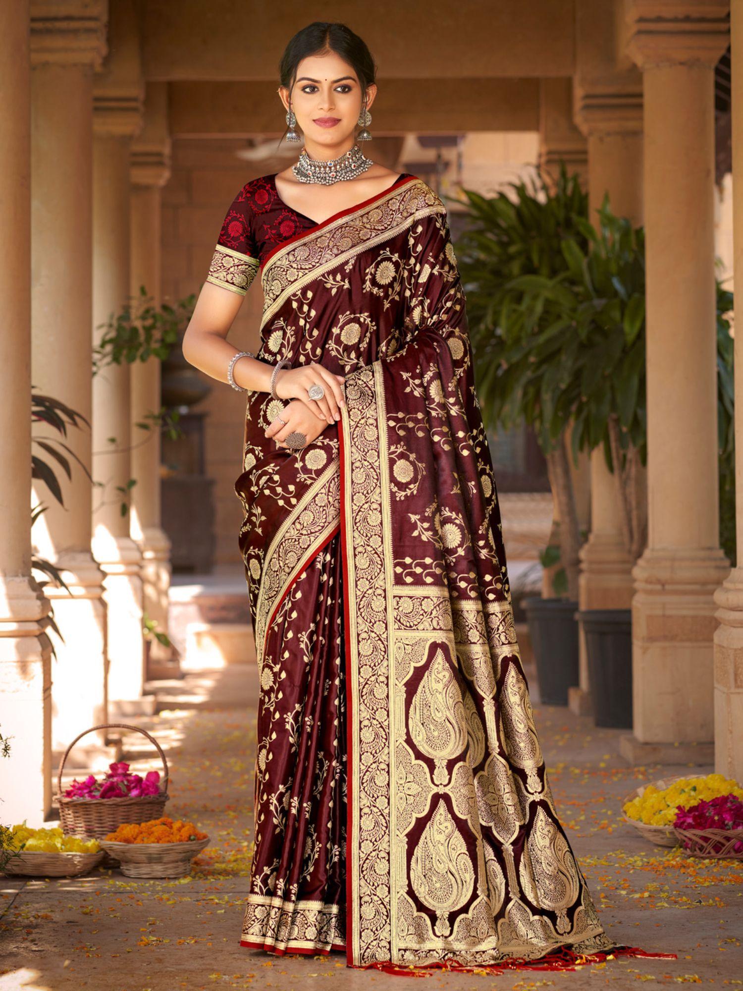 maroon satin silk woven work traditional tassels saree with unstitched blouse