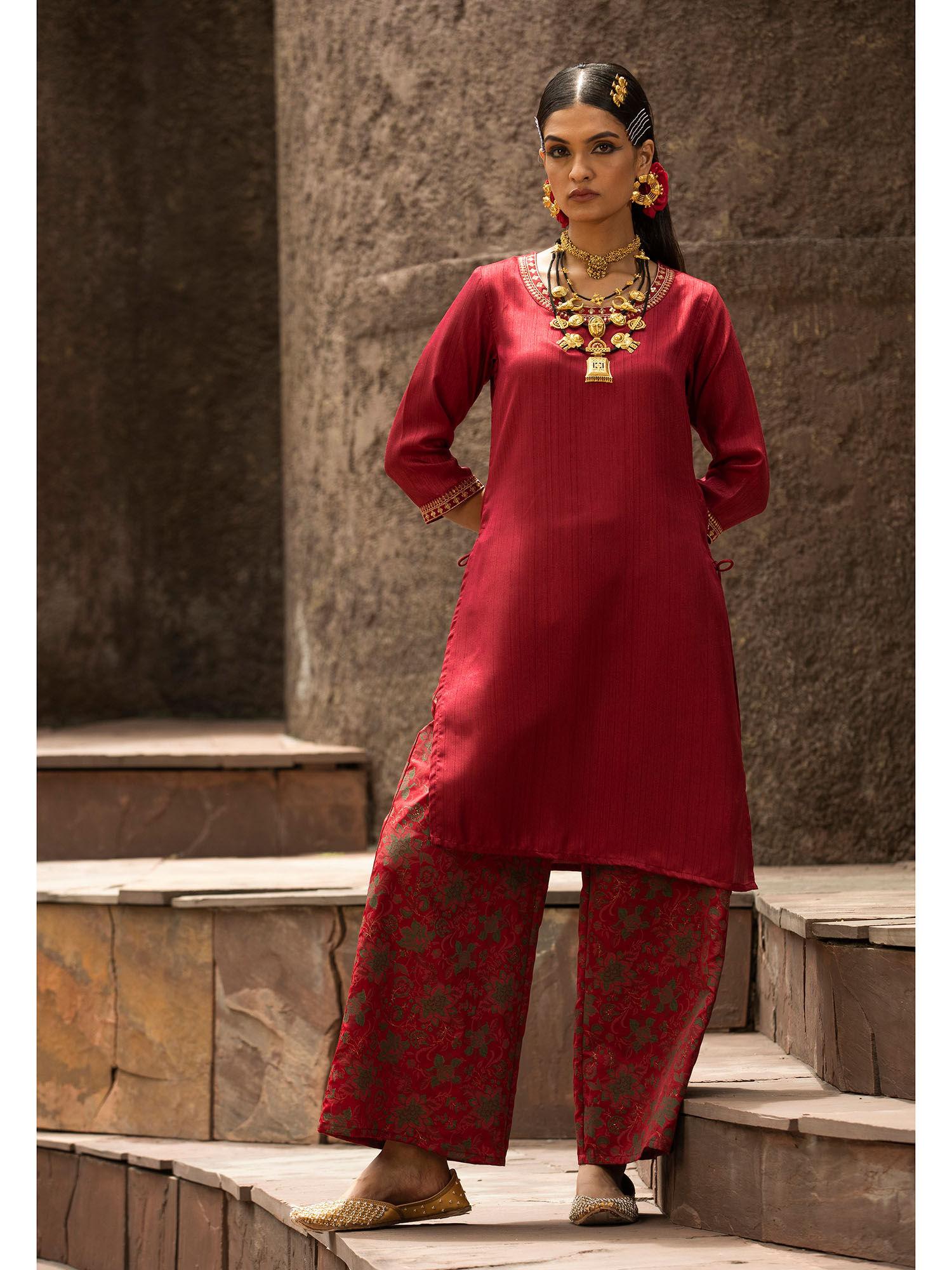 maroon satin slub festive printed straight kurta suit for women (set of 2)