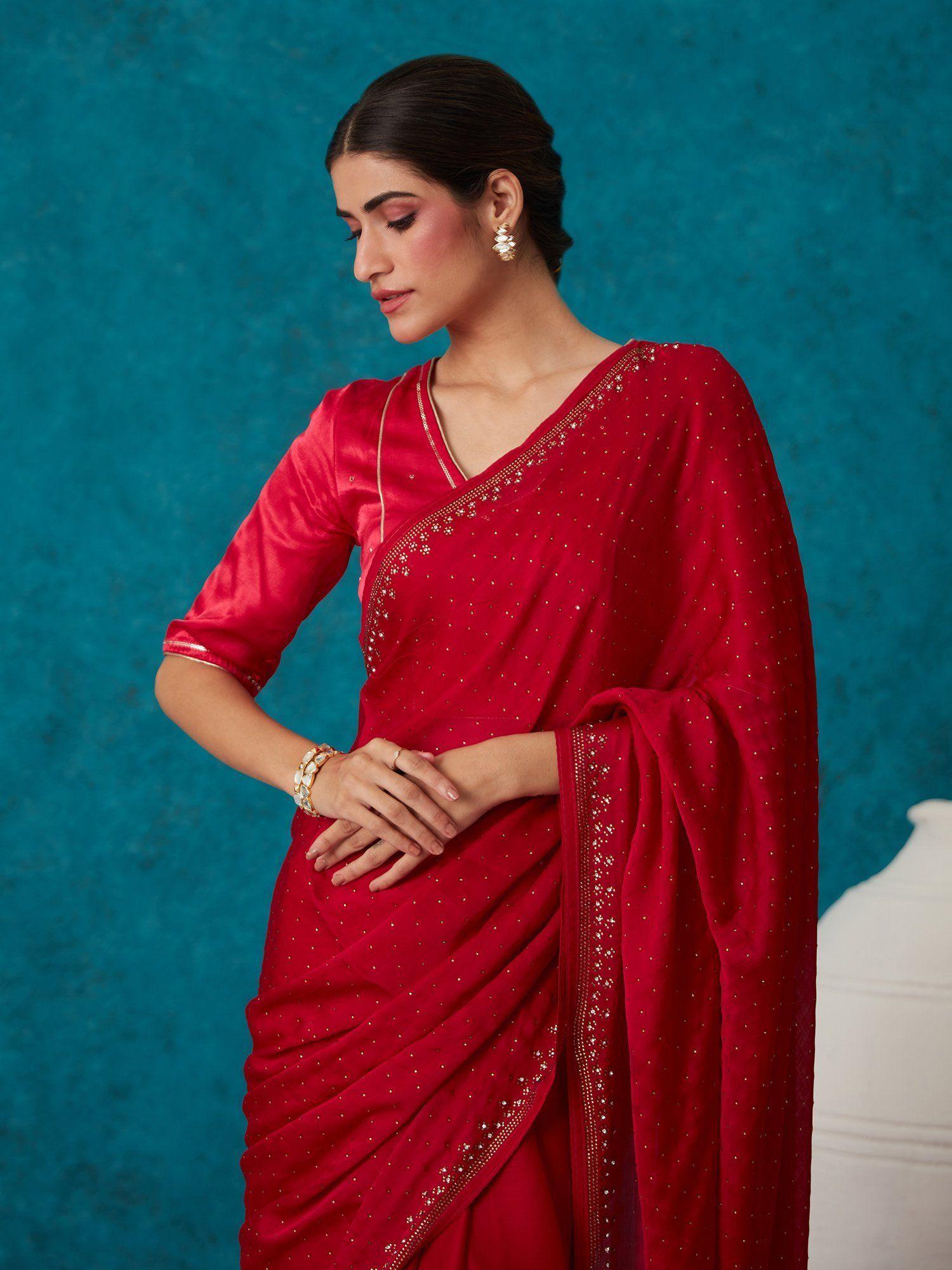 maroon satin solid embellished & sequined saree with unstitched blouse liksar19 (free size)