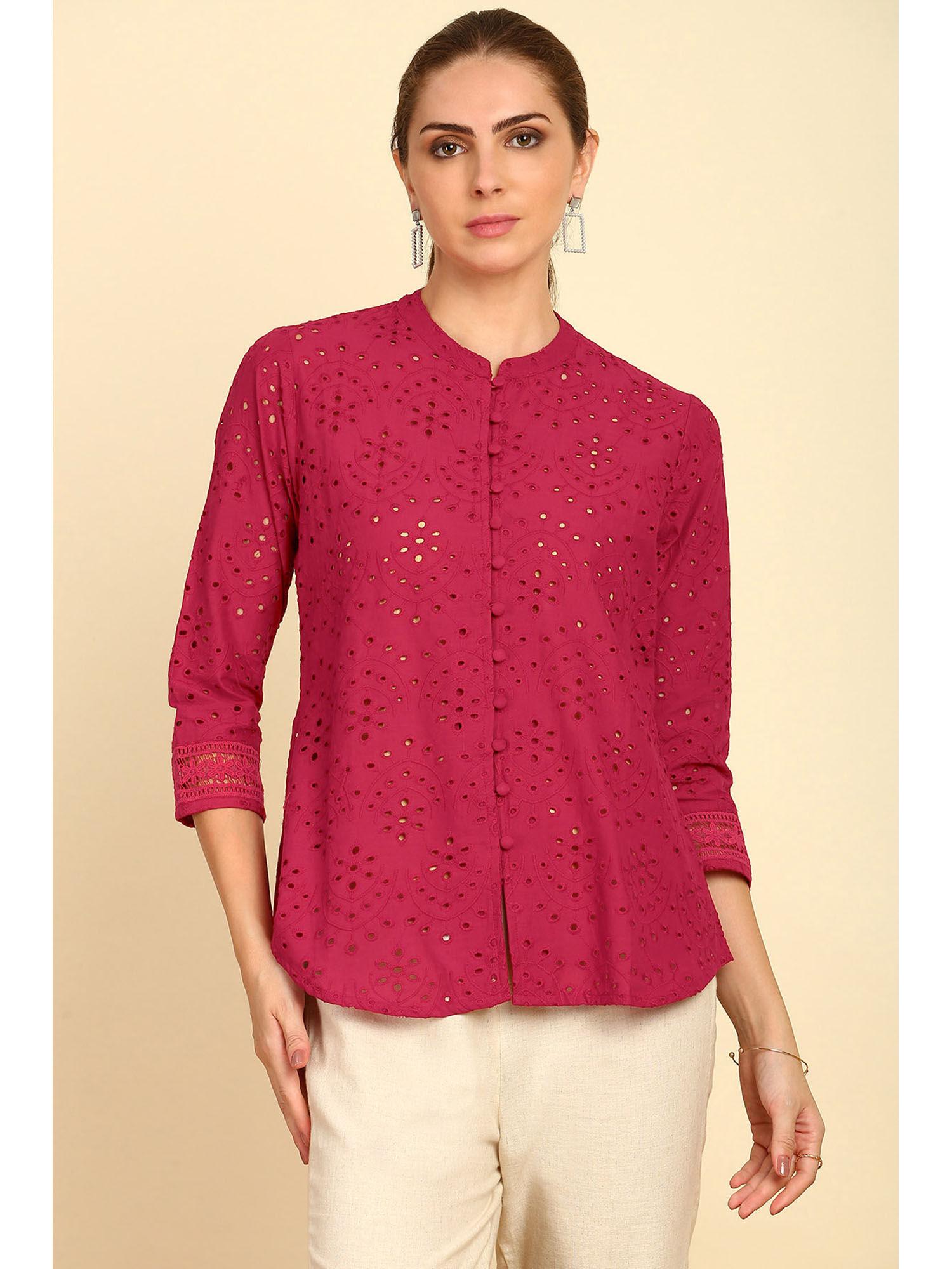 maroon schiffli embroidery mandarin collar cotton top