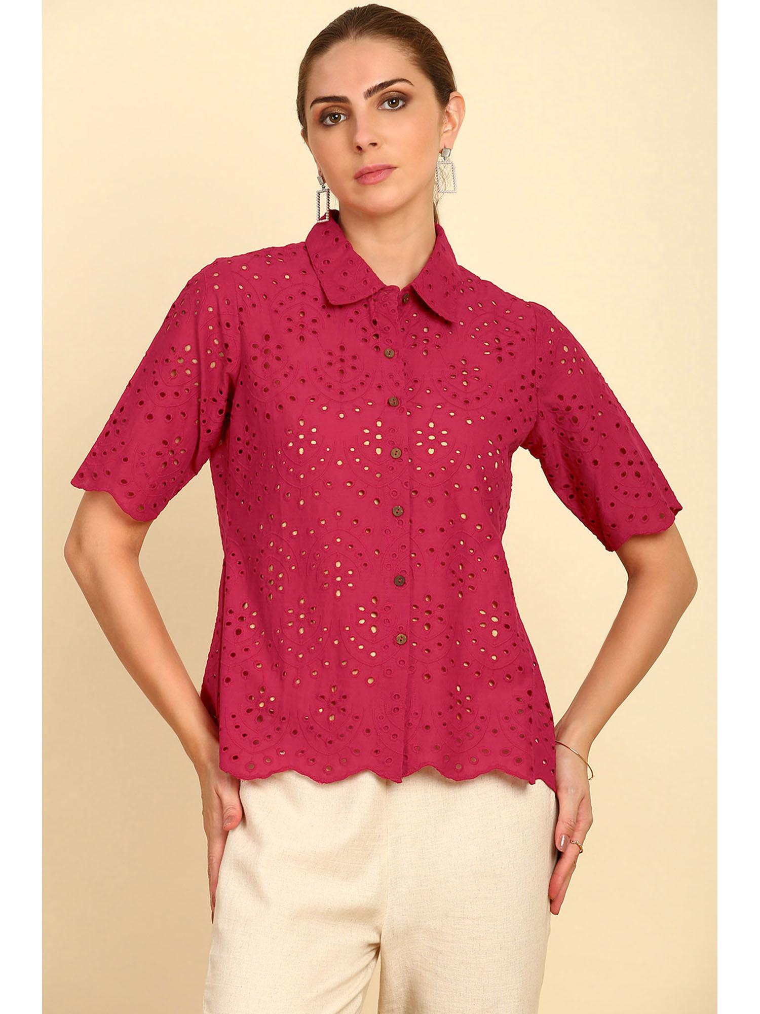 maroon schiffli embroidery spread collar cotton shirt