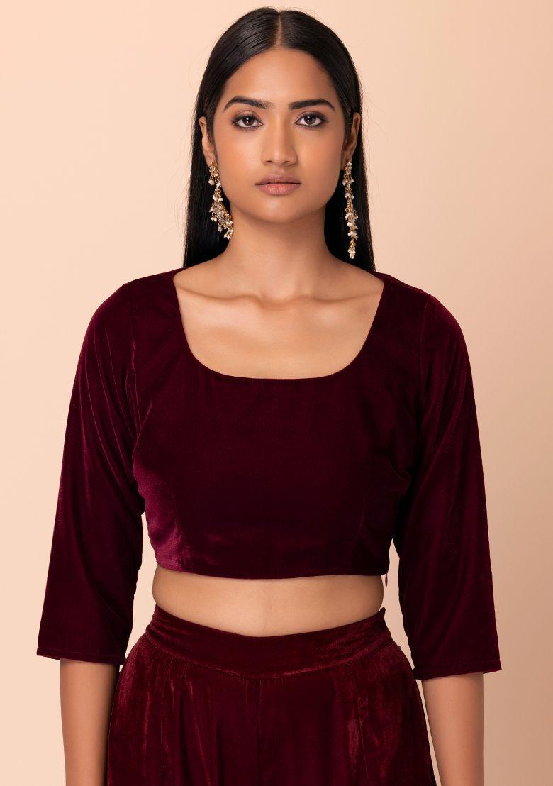 maroon scoop neck velvet blouse