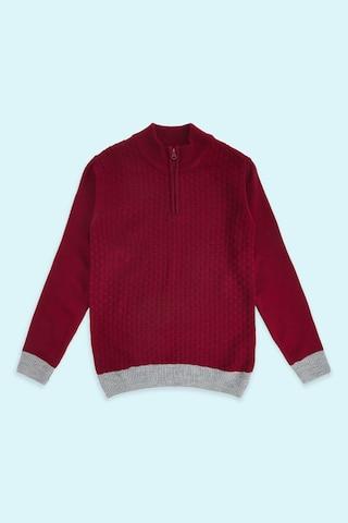 maroon self design casual full sleeves high neck boys regular fit sweater