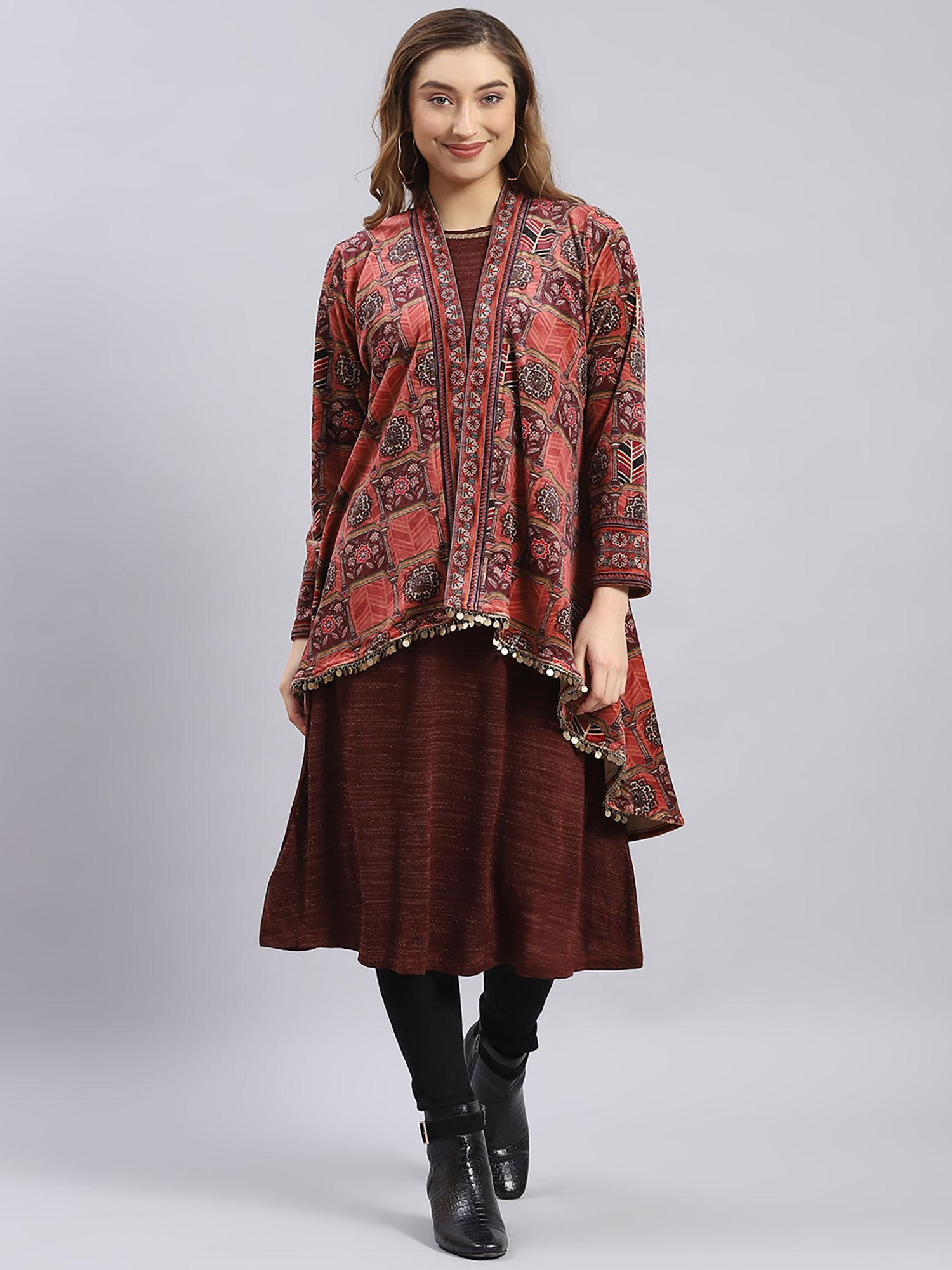 maroon self design kurta and shrug (set of 2)