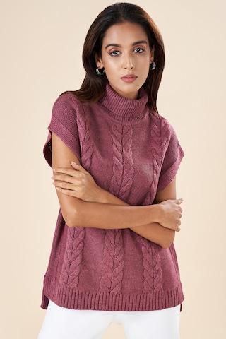 maroon self design winterwear sleeveless high neck women regular fit  sweater