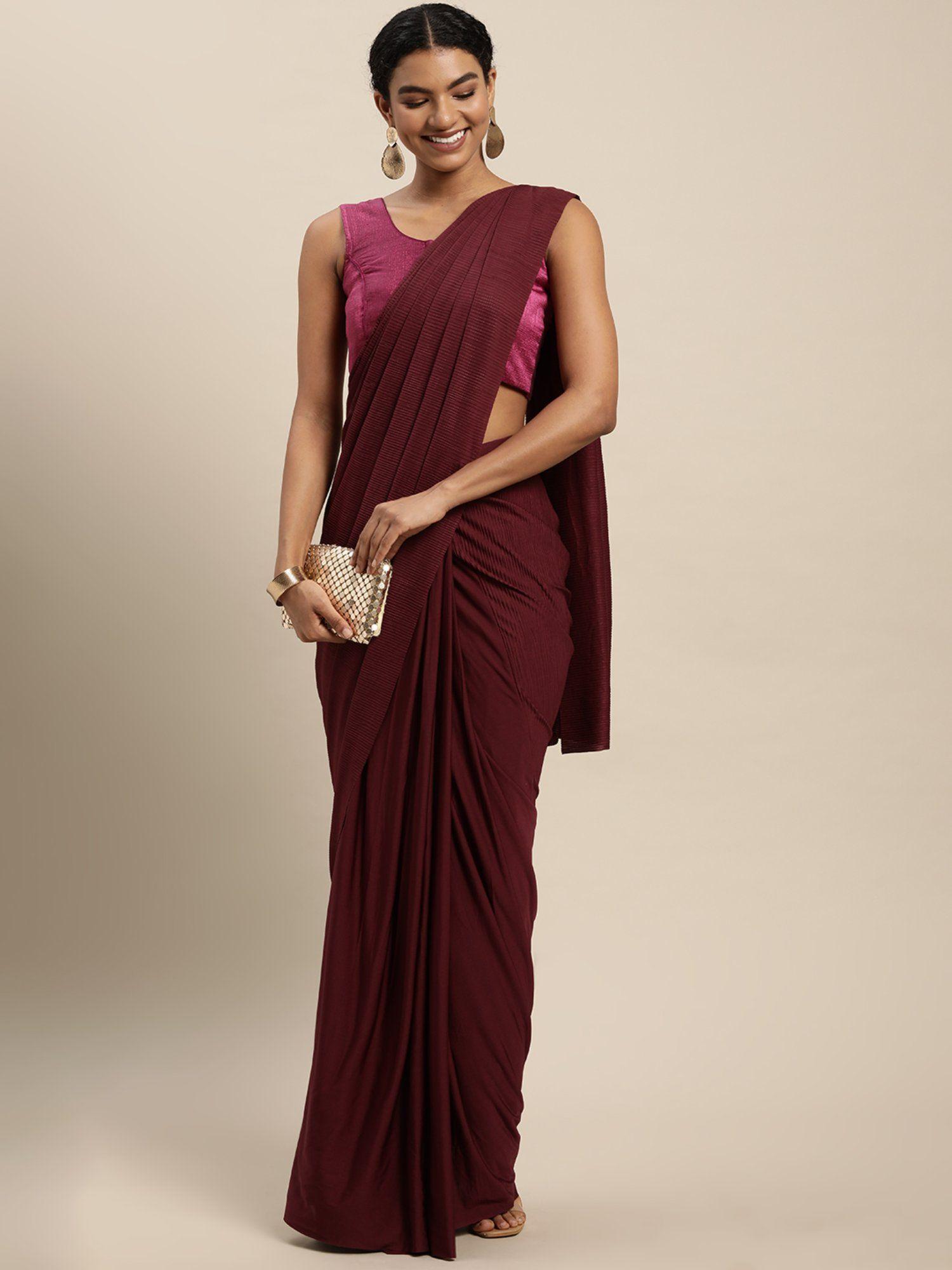 maroon self-striped voile & ready to wear saree with stitched blouse