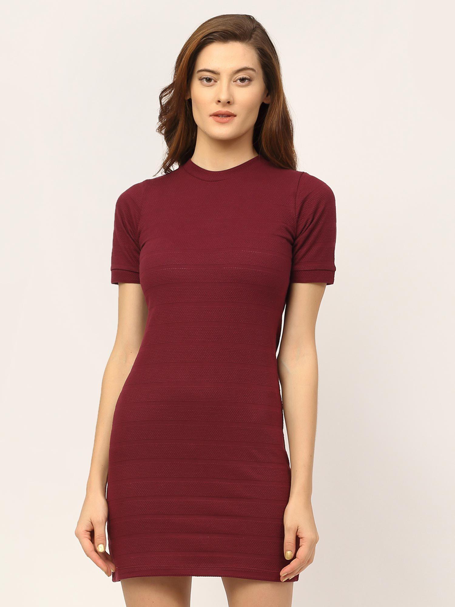 maroon self textured bodycon mini dress