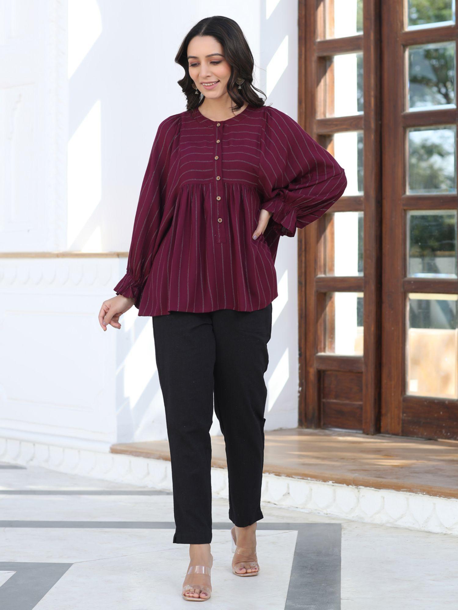 maroon self weave rayon lurex gathered top with elasticated gathered sleeves