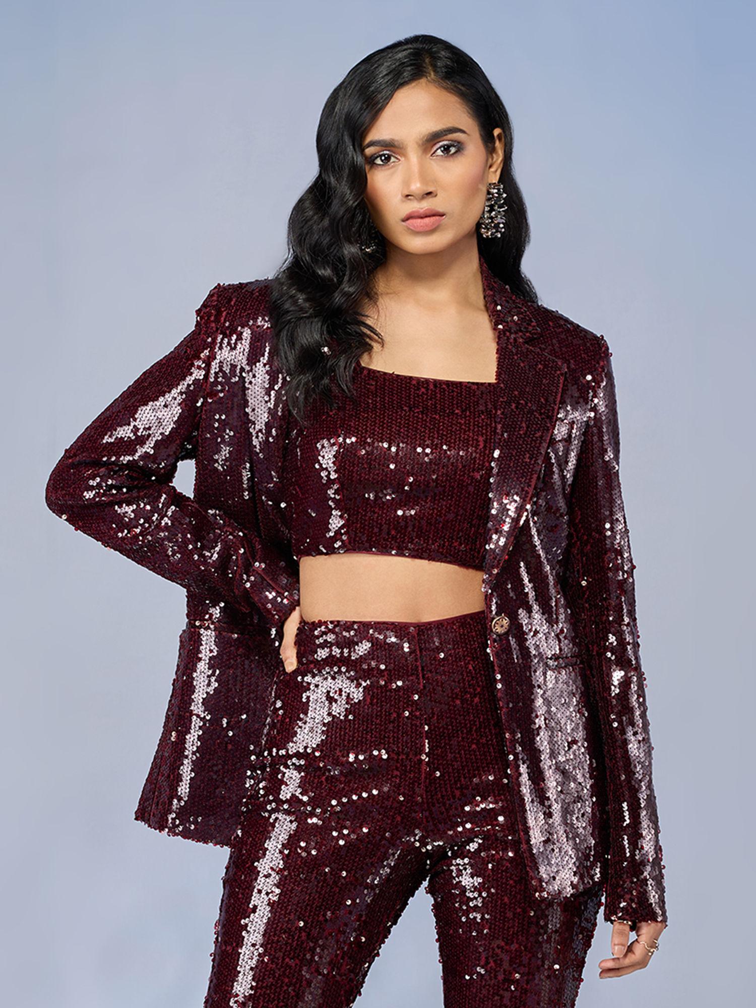 maroon sequin full sleeves blazer