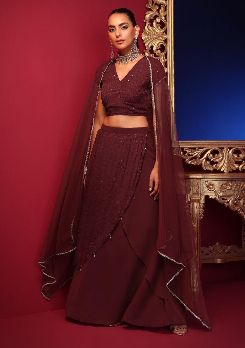 maroon sequin layered lehenga skirt