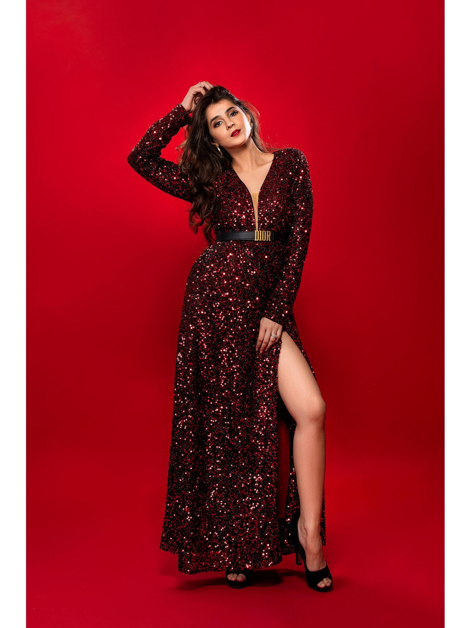 maroon sequin long gown with slit