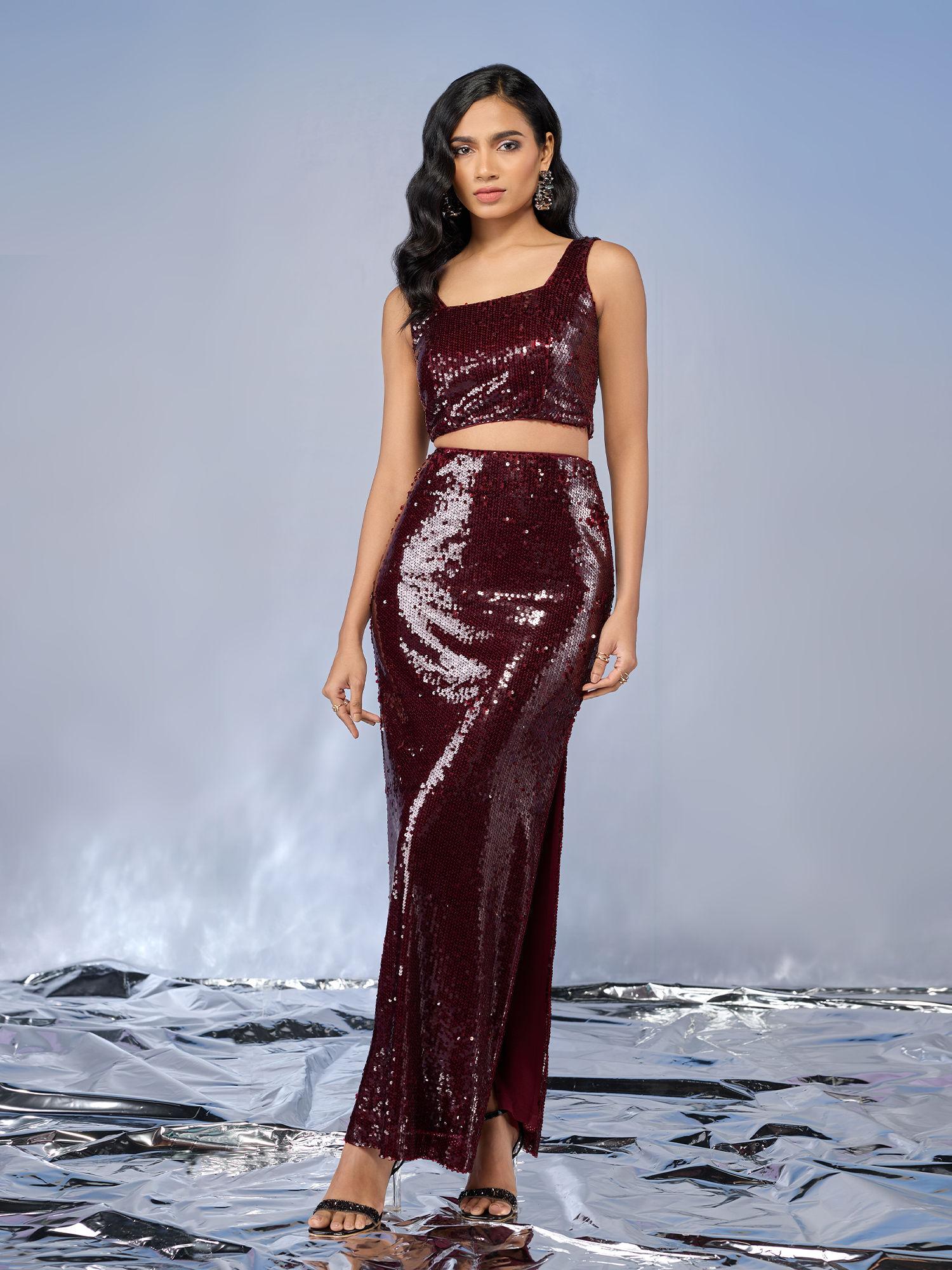 maroon sequin side slit maxi skirt co-ord (set of 2)