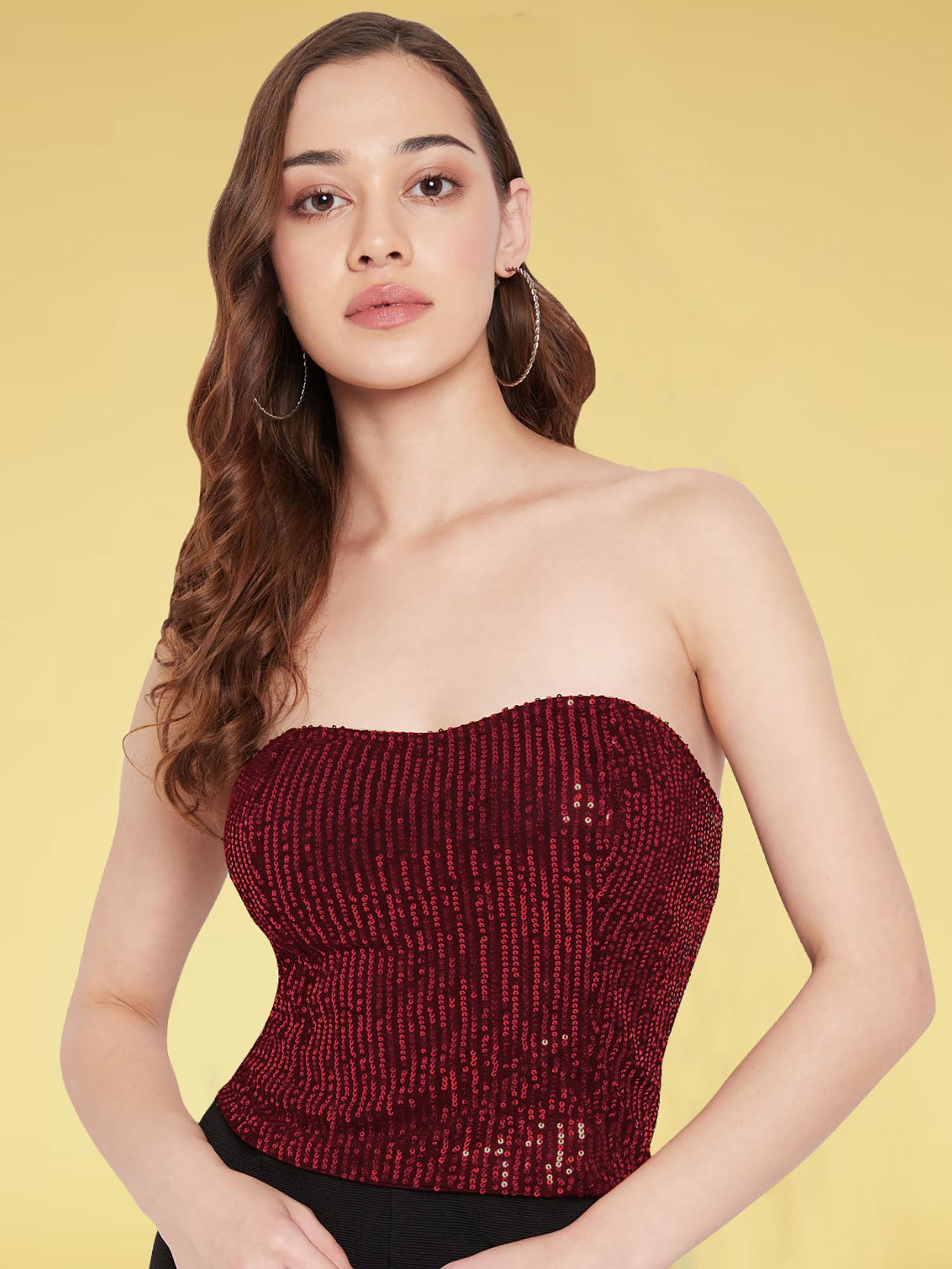 maroon sequin slinky corset crop top