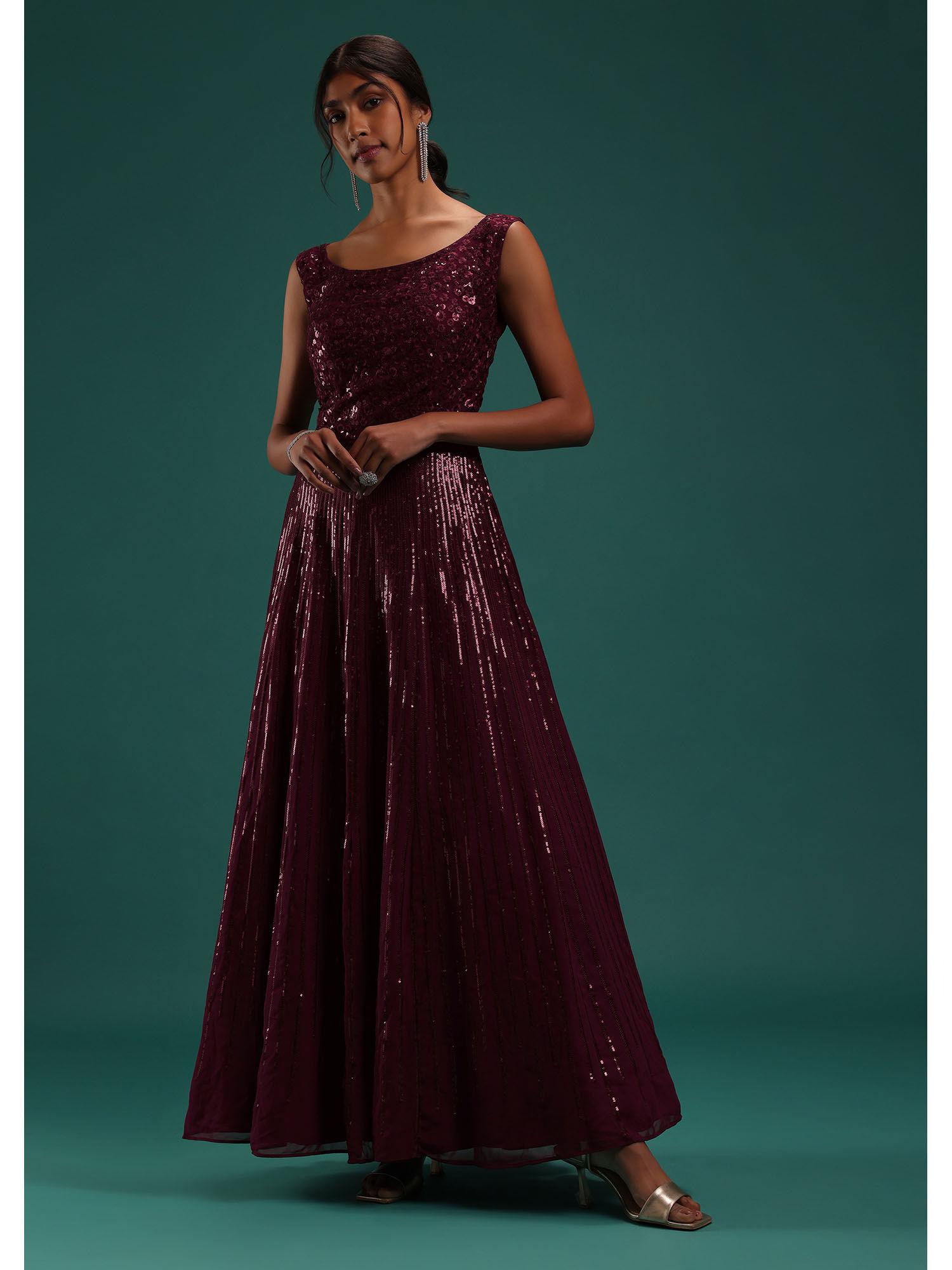 maroon sequins embellished gown in georgette