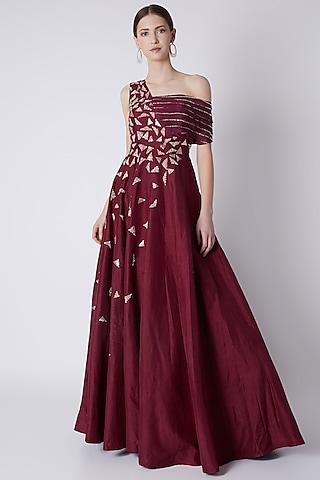 maroon sequins embroidered gown
