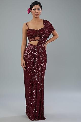 maroon sequins ready-to-wear draped saree set