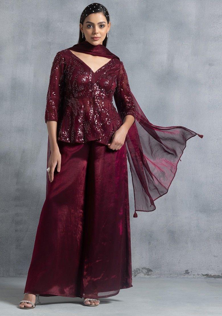 maroon sharara set with sequin embroidered peplum kurta and dupatta