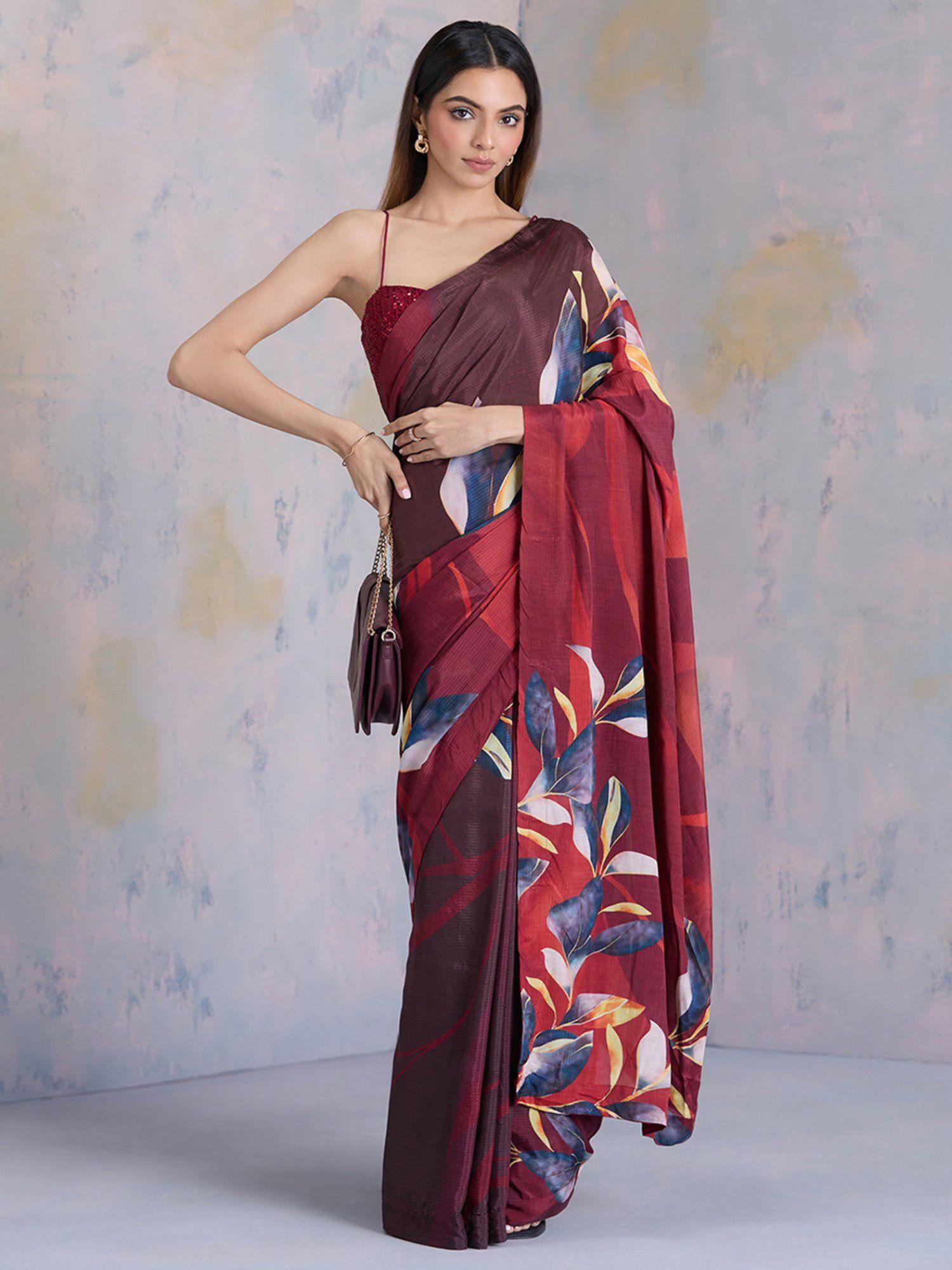 maroon sheen floral print saree with unstitched blouse