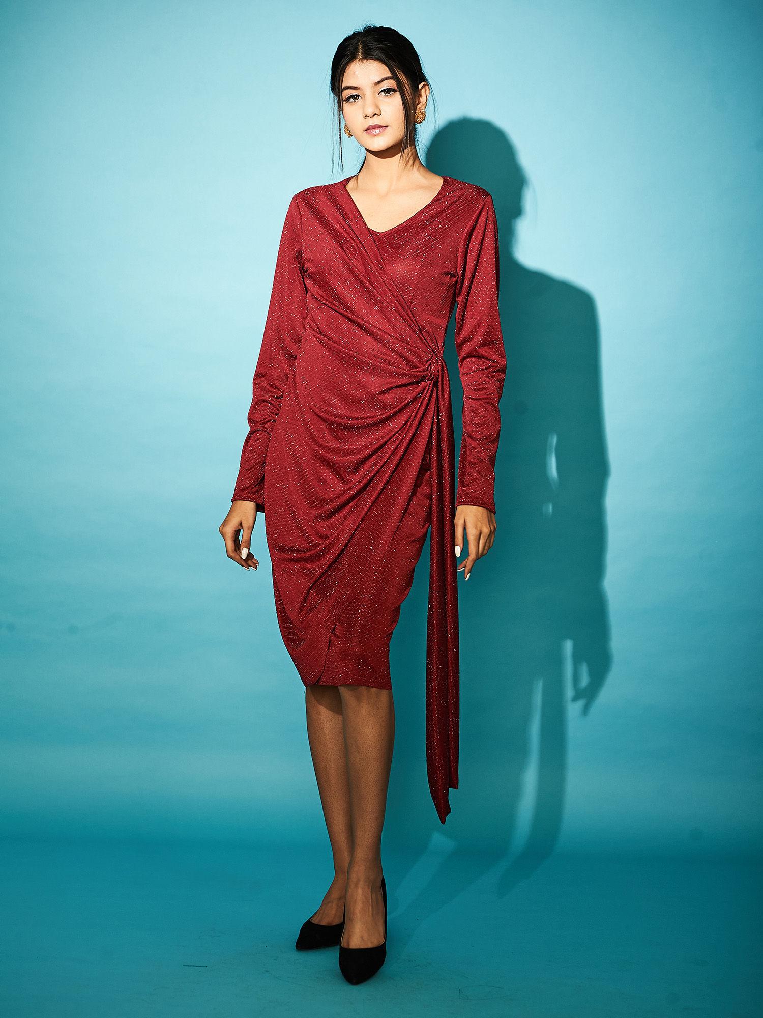 maroon shimmer cowl tie evening midi dress