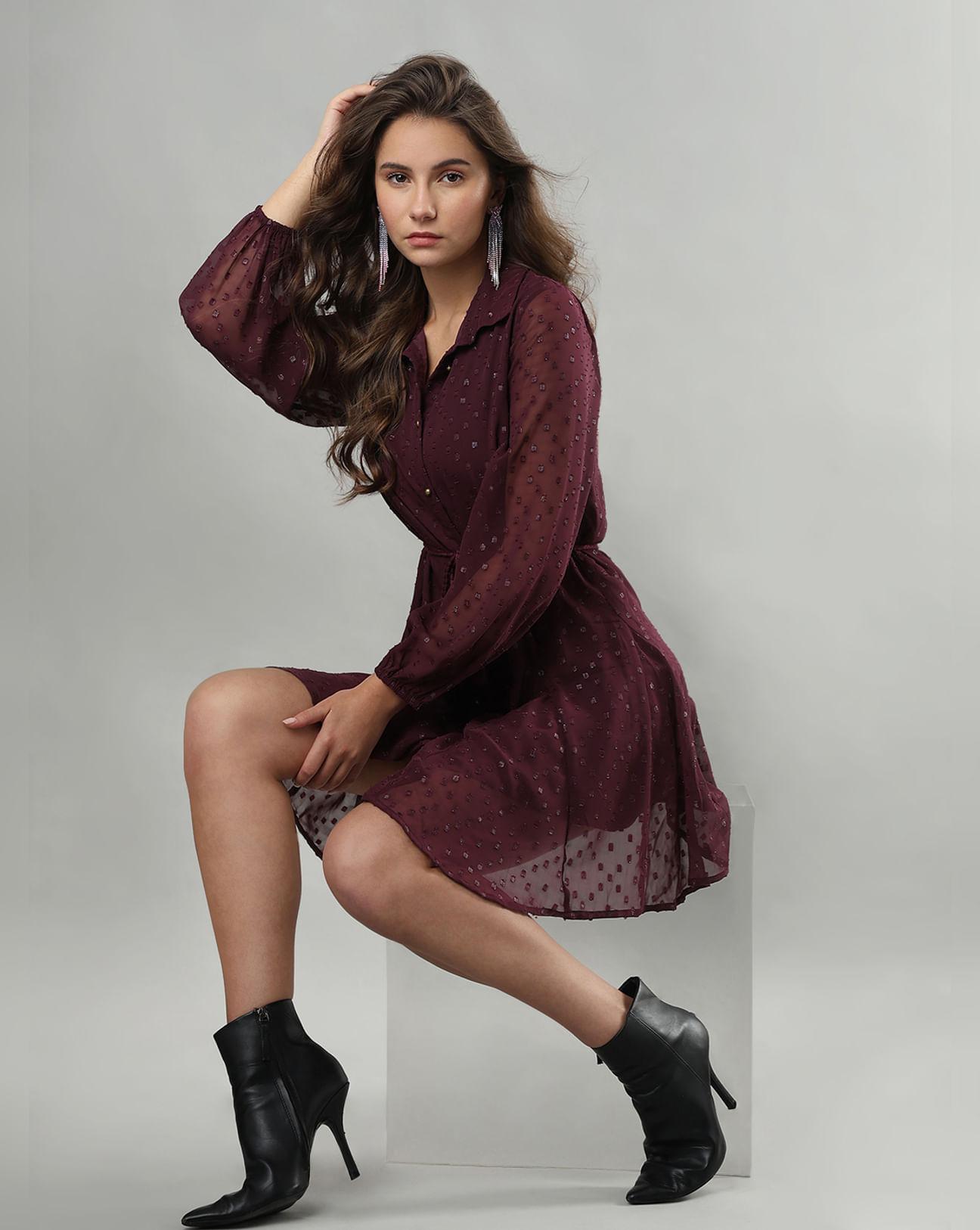 maroon shimmer short shirt dress