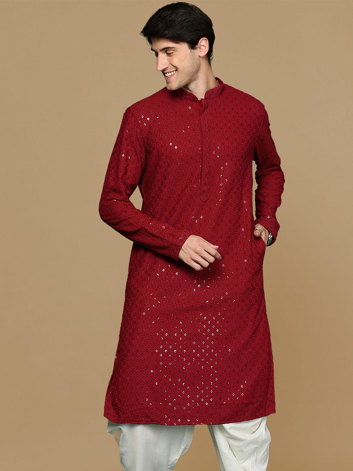 maroon shimmering elegance men's chikankari kurta with sequins