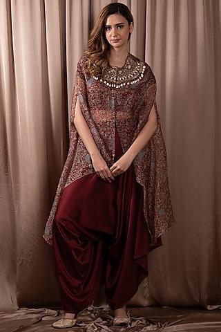 maroon silk & organza printed cape set