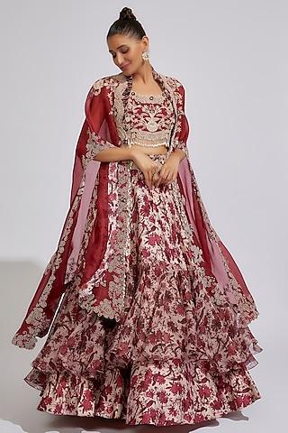 maroon silk & organza printed jacket lehenga set