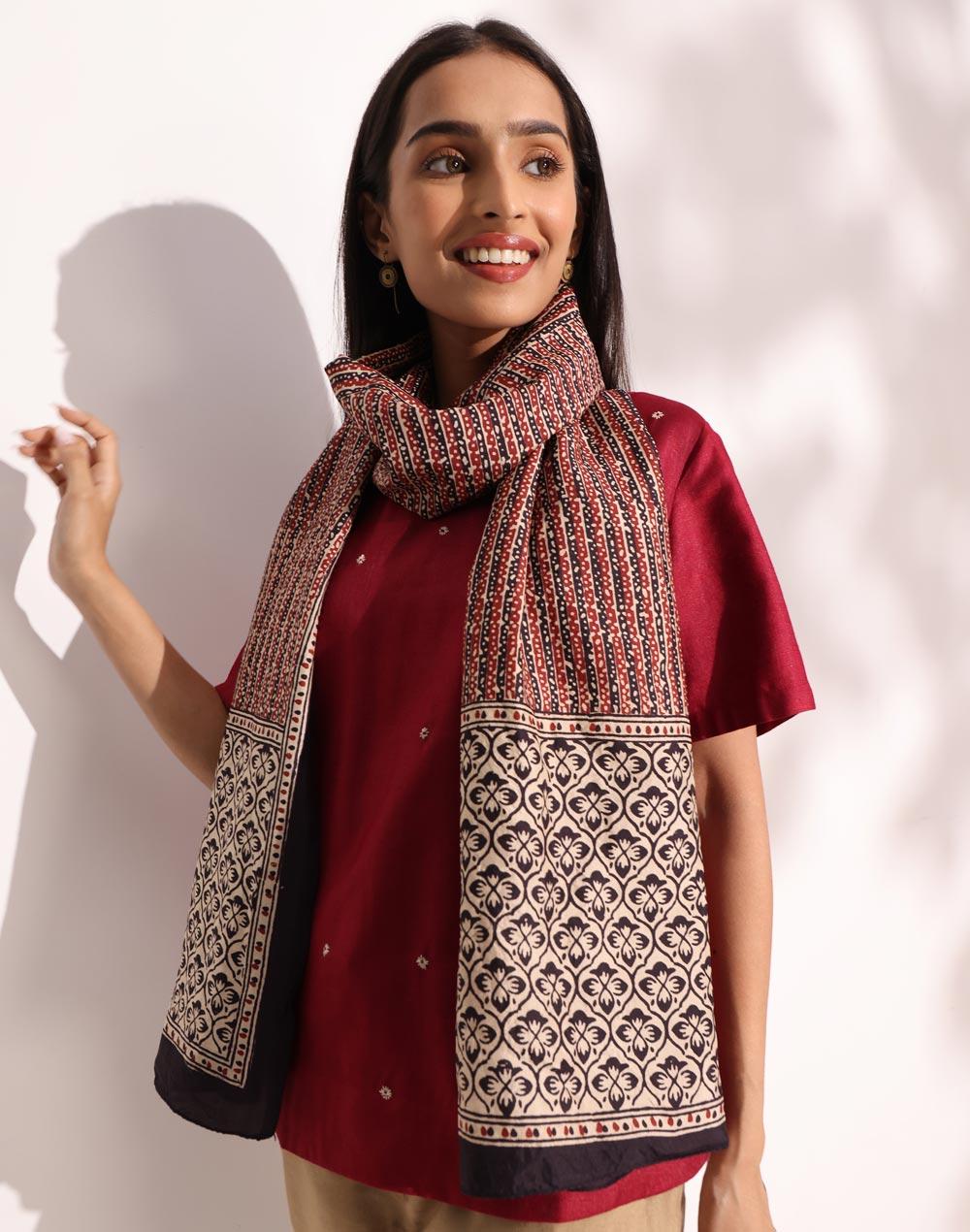 maroon silk bagh printed stole