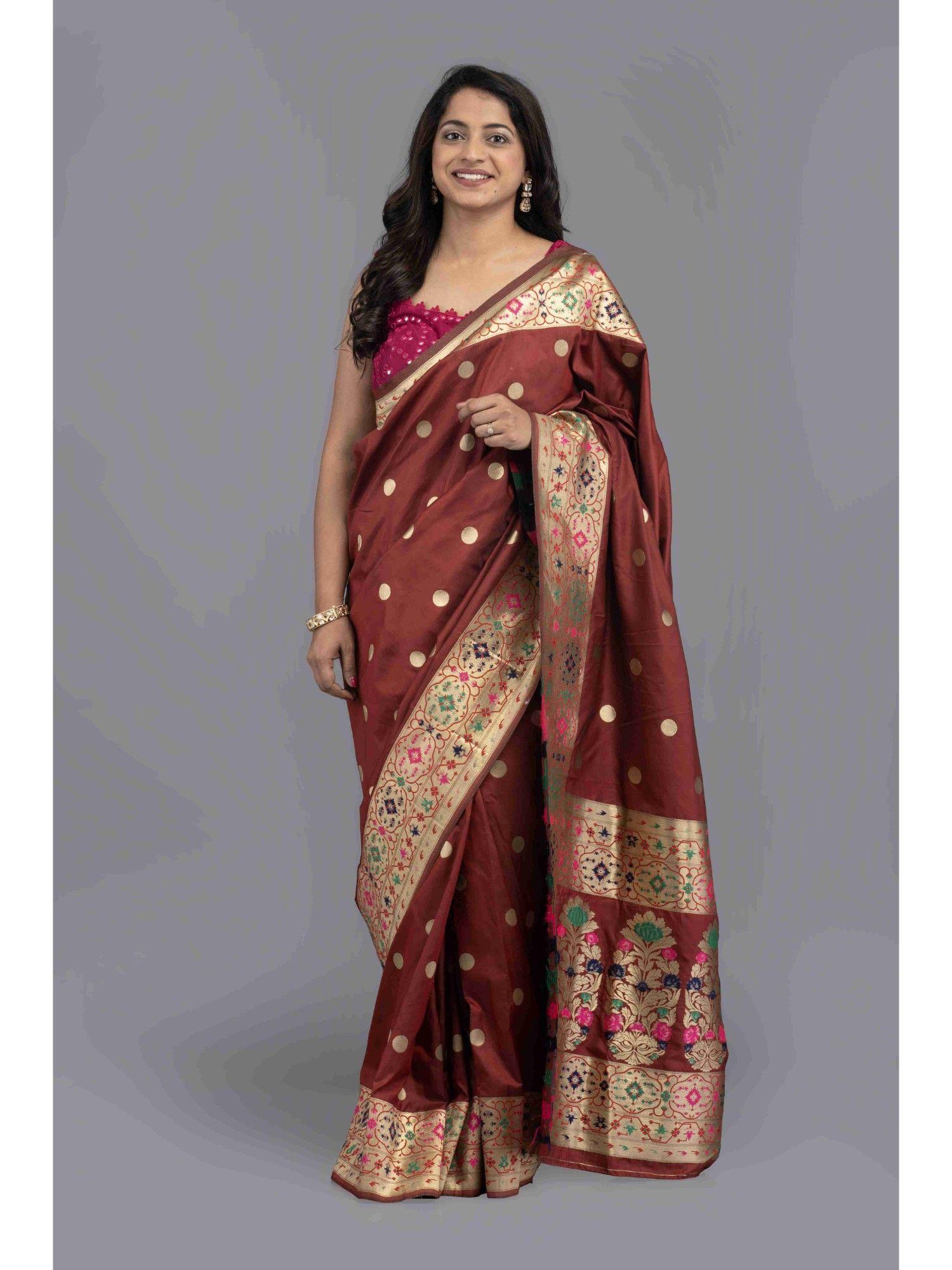 maroon silk banarasi handloom saree with unstitched blouse