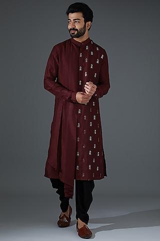 maroon silk blend embroidered kurta set