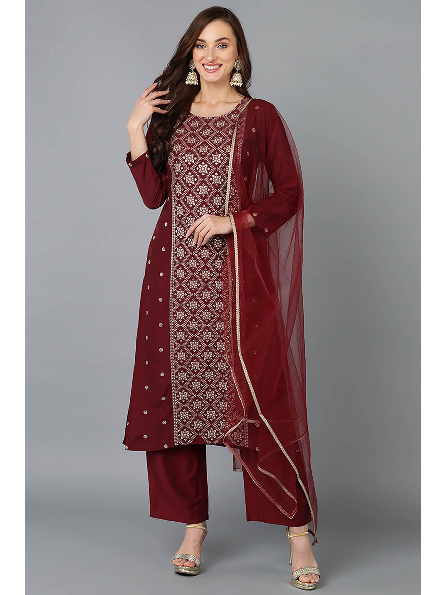 maroon silk blend embroidered straight kurta pants with dupatta (set of 3)