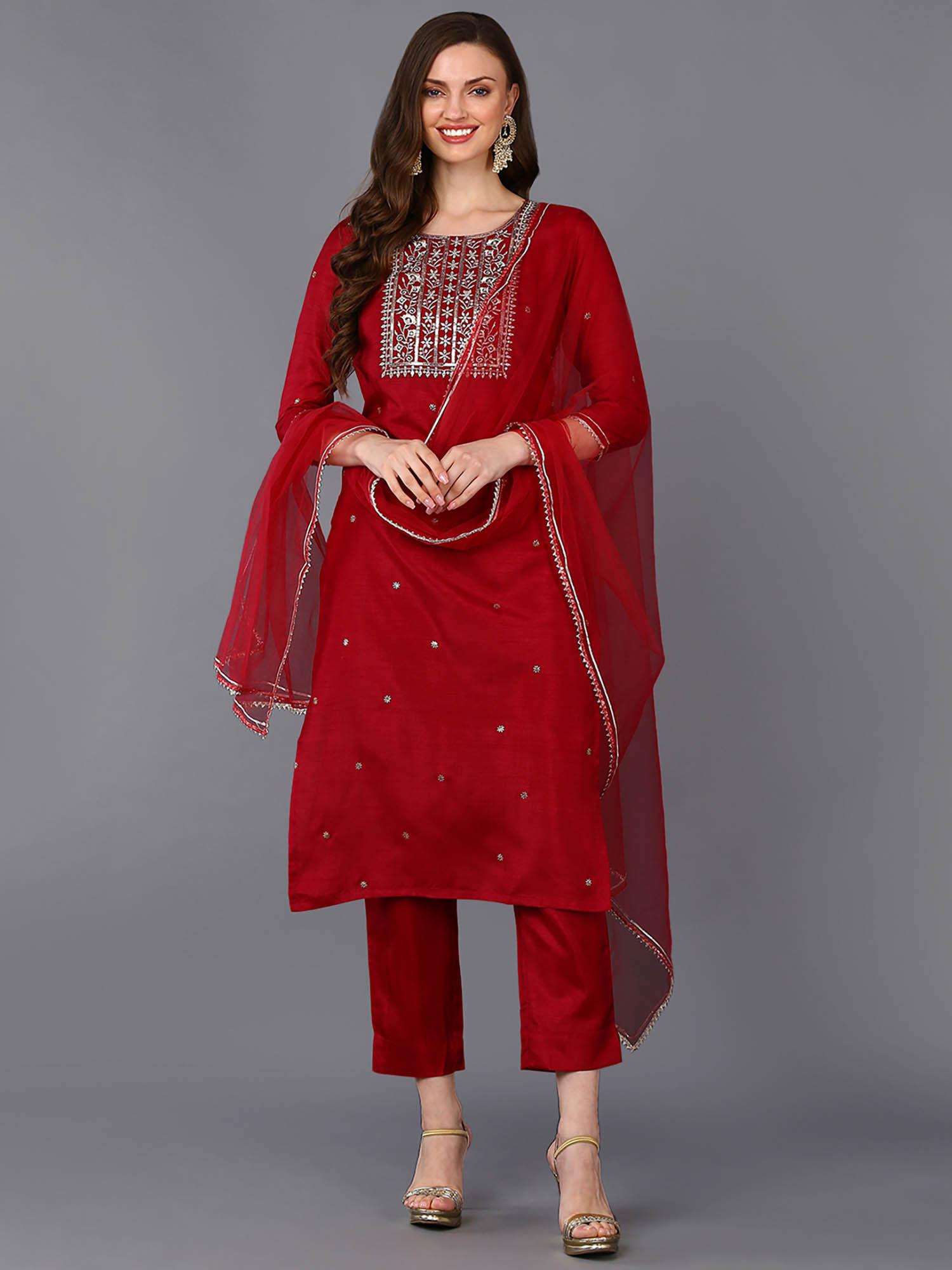 maroon silk blend embroidered straight kurta pants with dupatta (set of 3)