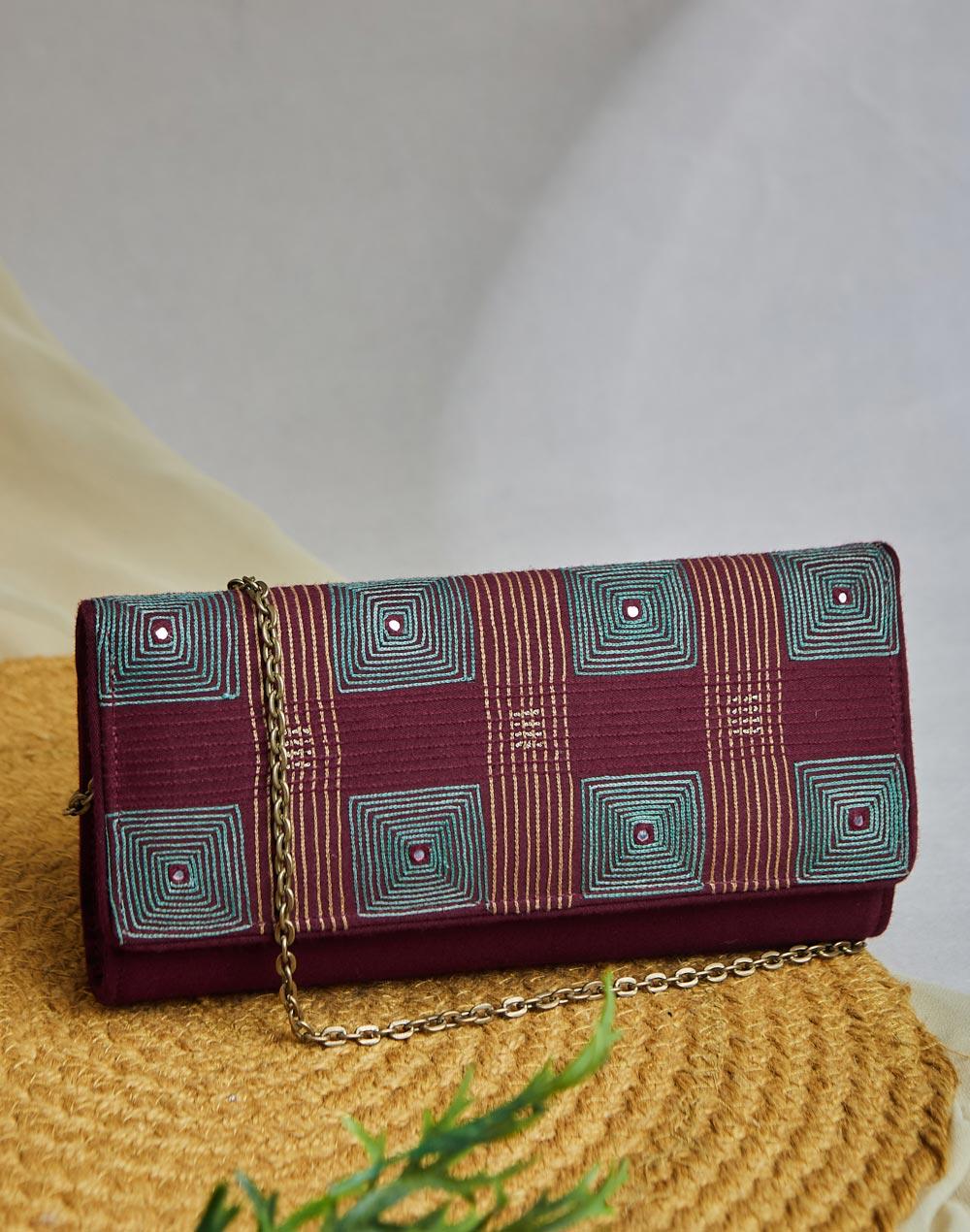 maroon silk blend hand embroidered clutch