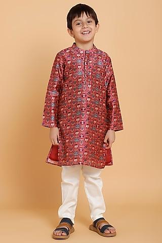 maroon silk blend printed kurta set for boys
