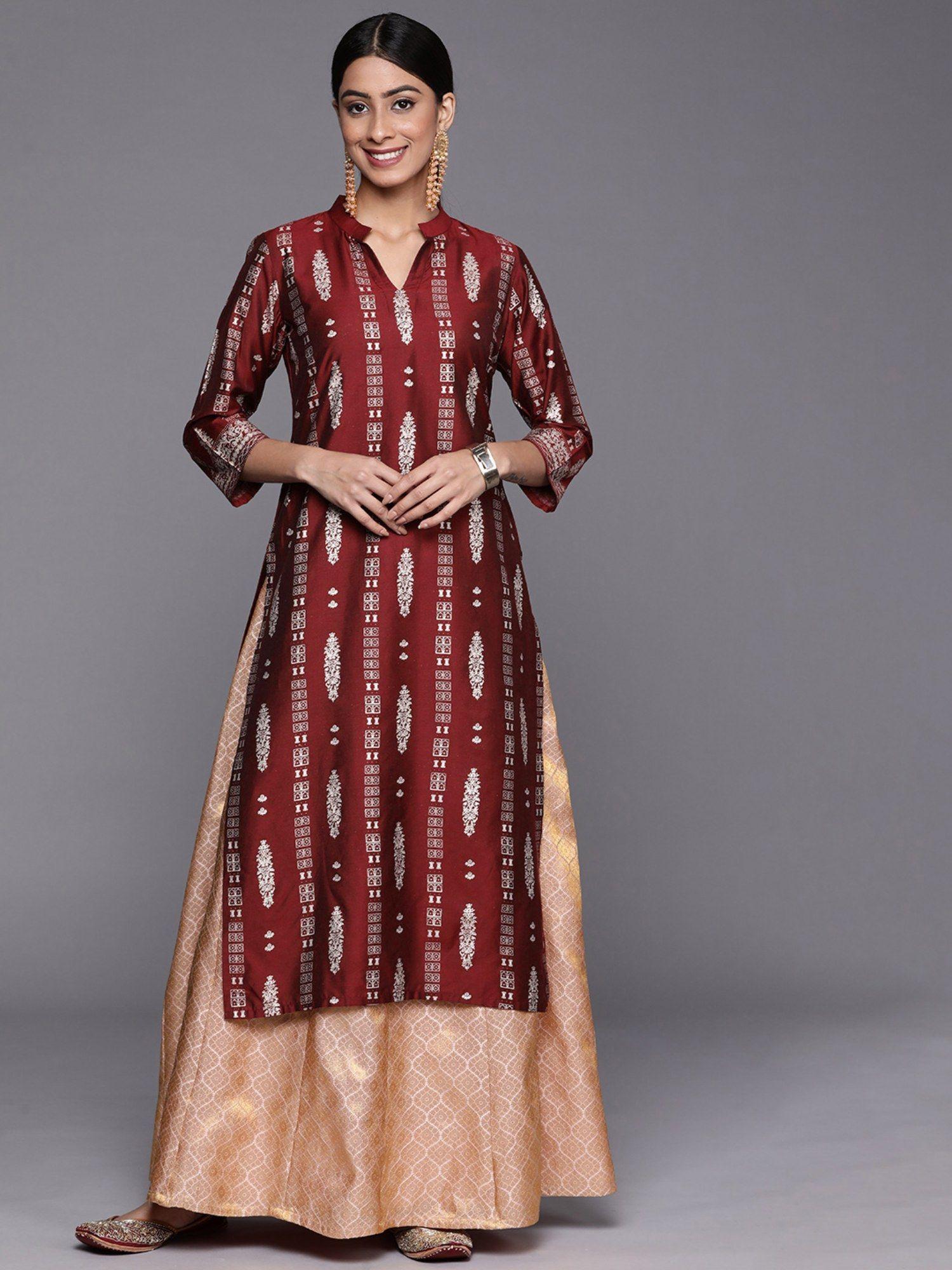 maroon silk blend printed straight kurta