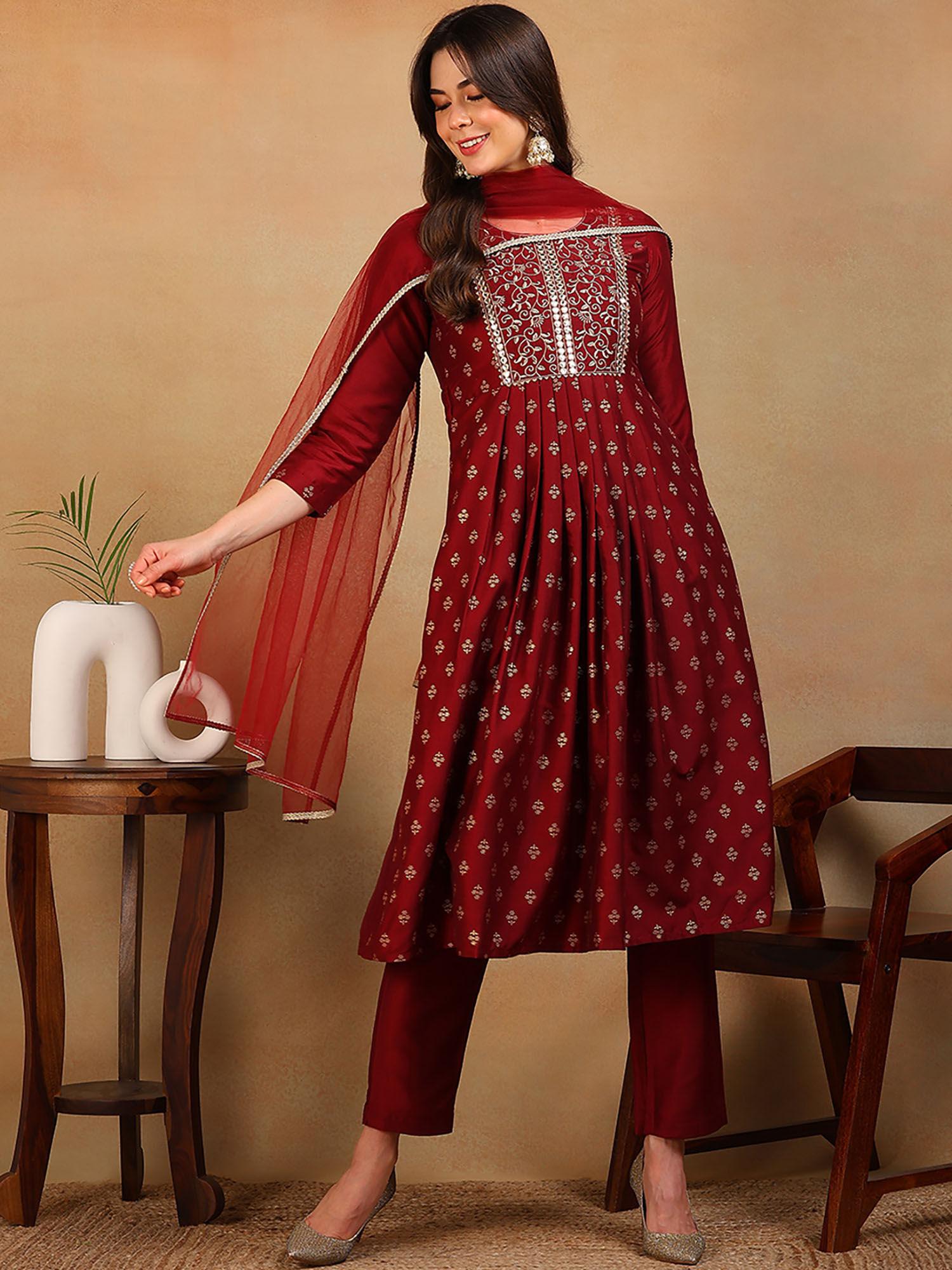 maroon silk blend woven design flared empire kurta pants with dupatta (set of 3)