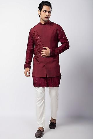 maroon silk cutdana embroidered nehru jacket