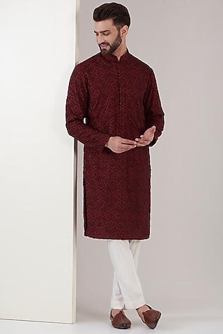 maroon silk embroidered chikankari kurta set