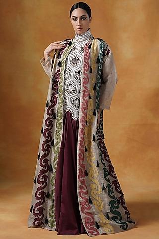 maroon silk embroidered gown with jacket